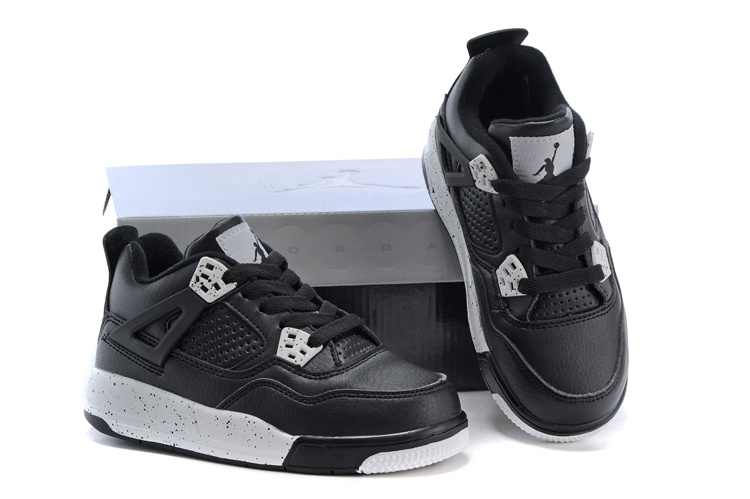 2014 Kids Air Jordan 4 Retro Black Grey Shoes