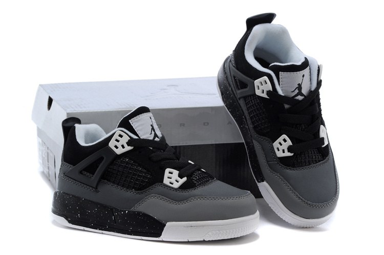 2014 Kids Air Jordan 4 Retro Black Grey White Shoes