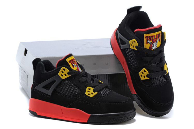 2014 Kids Air Jordan 4 Retro Black Red Yellow Shoes