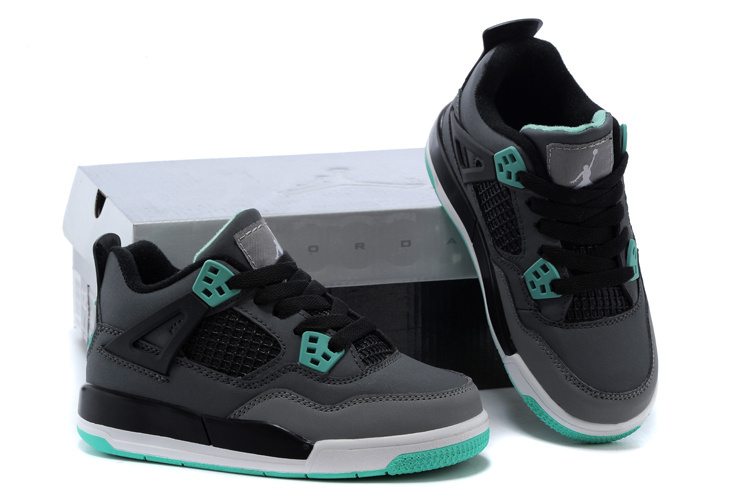 2014 Kids Air Jordan 4 Retro Grey Black Grass Green Shoes