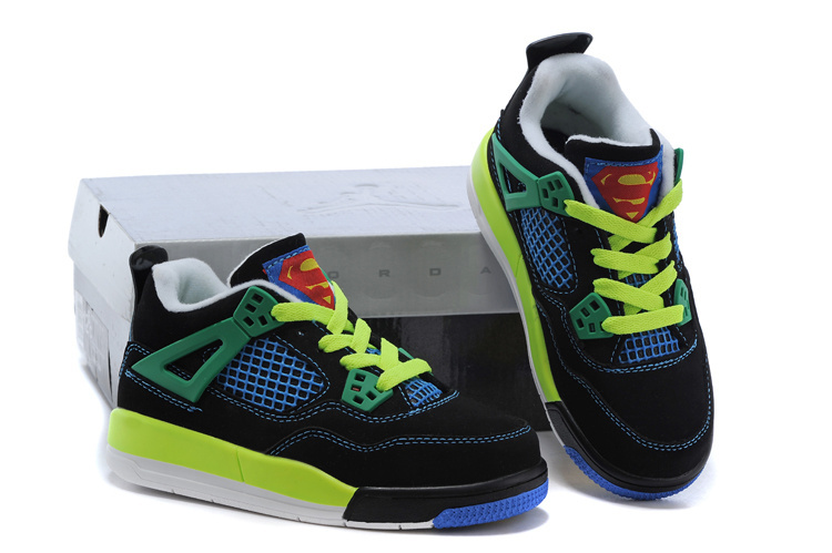 2014 Kids Air Jordan 4 Superman Black Green Blue Shoes - Click Image to Close