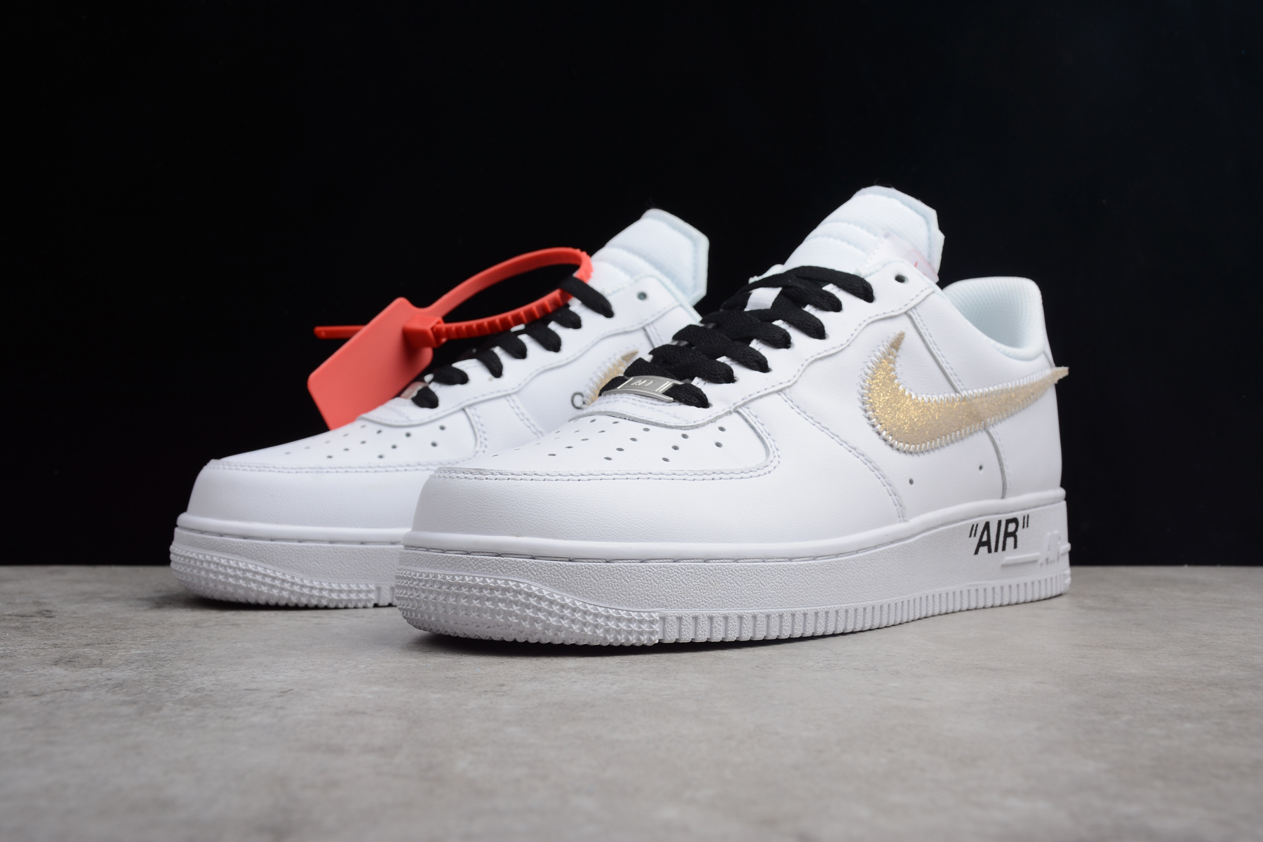 2018 OFF WHITE x Nike Air Force 1 Low White Black Gold Shoes