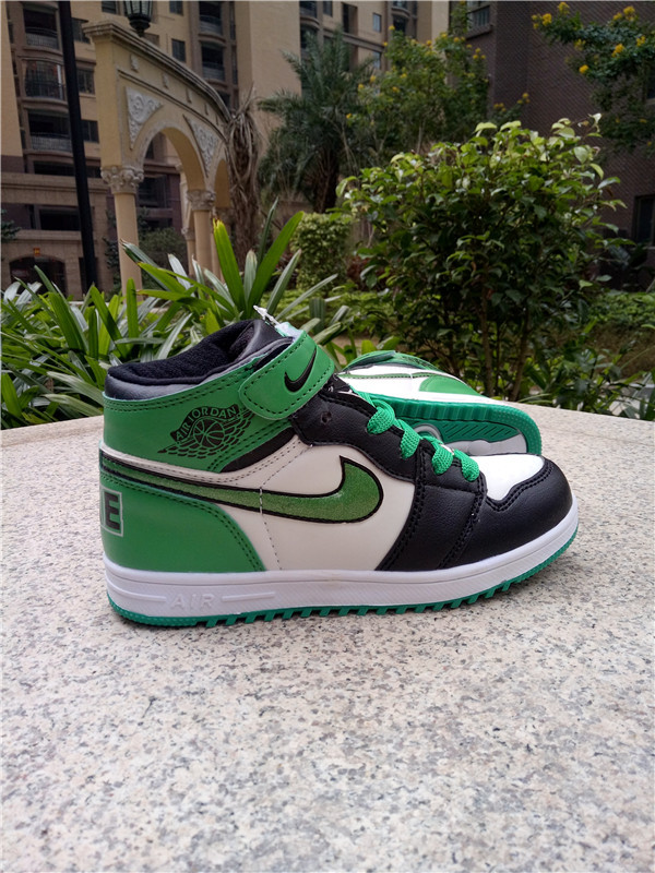 Kids Air Jordan 1 Strap Green Black White Shoes