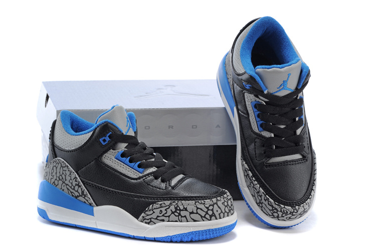 Kids Air Jordan 3 Retro Black Cement Grey Blue Shoes
