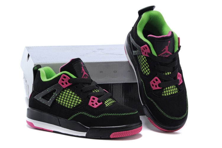 Kids Air Jordan 4 Retro Black Green Pink Shoes