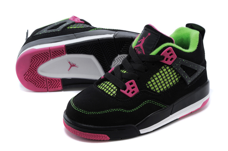 Kids Air Jordan 4 Retro Black Green Pink Shoes - Click Image to Close