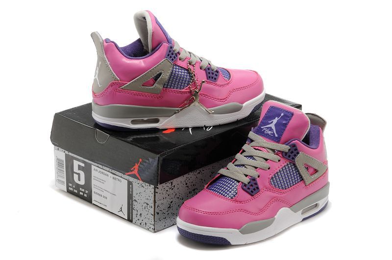 Kids Air Jordan 4 Retro Pink Grey Purple Shoes - Click Image to Close