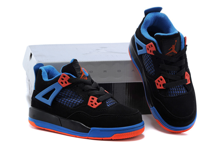 Kids Jordan 4 Black Blue Orange Shoes
