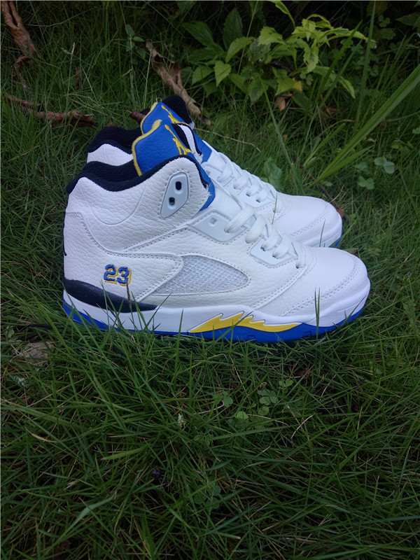 Kids Jordan 5 Retro White Blue Yellow Shoes