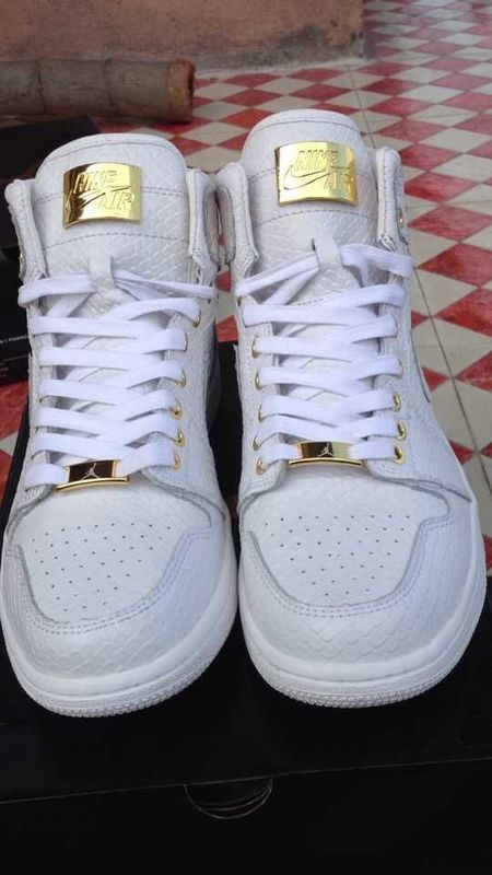New Air Jordan 1 Crocodile Skin All White Gold Shoes - Click Image to Close