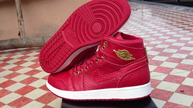 New Air Jordan 1 Crocodile Skin Hot Red Gold Shoes