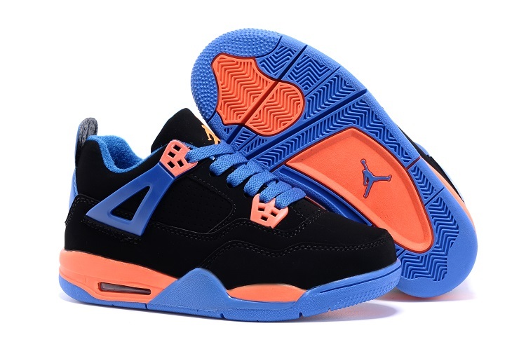 New Air Jordan 4 Black Blue Orange Shoes For Kids
