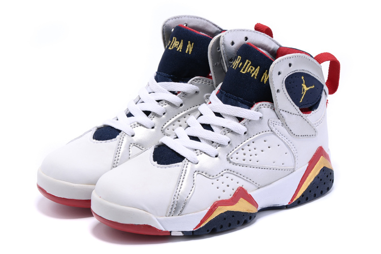 New Air Jordan 7 Olympic White Silver Red Orange Shoes For Kids