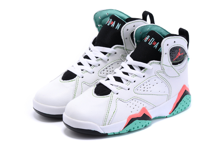 New Air Jordan 7 White Black Green Shoes For Kids - Click Image to Close