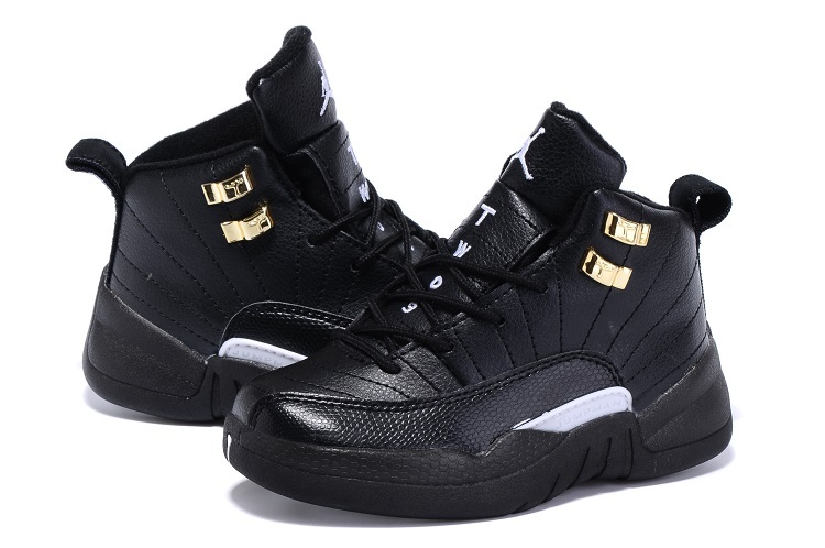 New Kids Air Jordan 12 All Black Gold Shoes - Click Image to Close