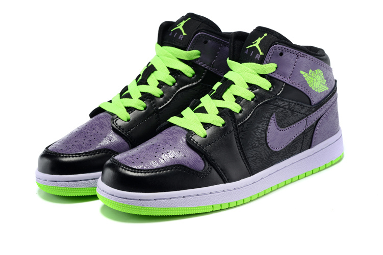 New Men Jordan 1 Retro Black Purple Fluorscent Green Shoes - Click Image to Close