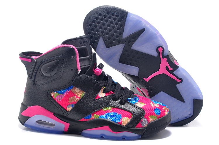 New Womens Air Jordan 6 Retro Black Pink Blue Print Shoes