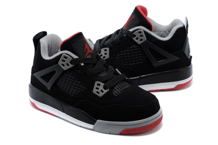 Original Kids Air Jordan 4 Black Grey Red Shoes