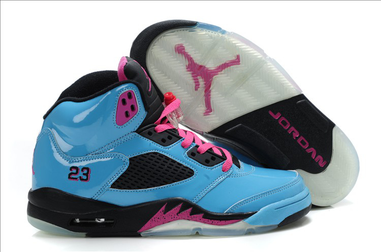 Popular Womens Air Jordan 5 Retro Sea Blue Black Pink Shoes