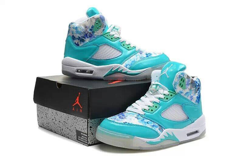 Special Womens Air Jordan 5 Sakura Print Blue Green Shoes
