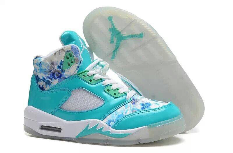 Special Womens Air Jordan 5 Sakura Print Blue Green Shoes