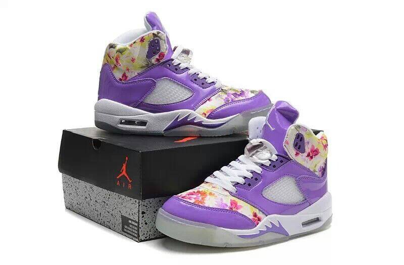 Special Womens Air Jordan 5 Sakura Print Purple White Shoes