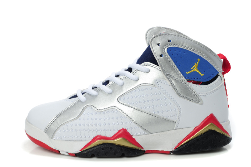 Special Womens Air Jordan 7 Retro Embroided White Silver Red Blue Shoes - Click Image to Close