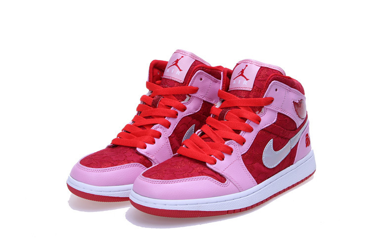 Womens Air Jordan 1 Mid Prem GS Red Pink White Shoes - Click Image to Close