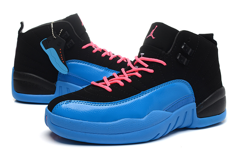 Womens Air Jordan 12 Retro Black Gamma Blue Pink Shoes - Click Image to Close
