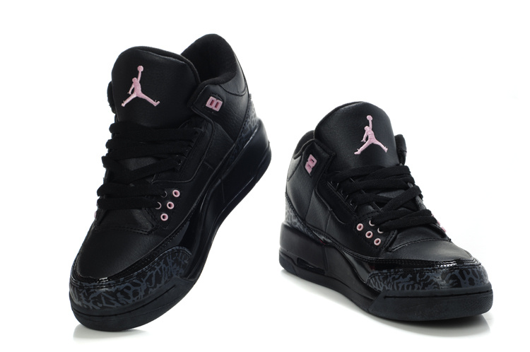 Womens Air Jordan 3 All Black In Pink Jumpman Shoes - Click Image to Close