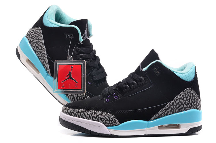 Womens Air Jordan 3 Retro Black Baby Blue Cement Grey Shoes - Click Image to Close