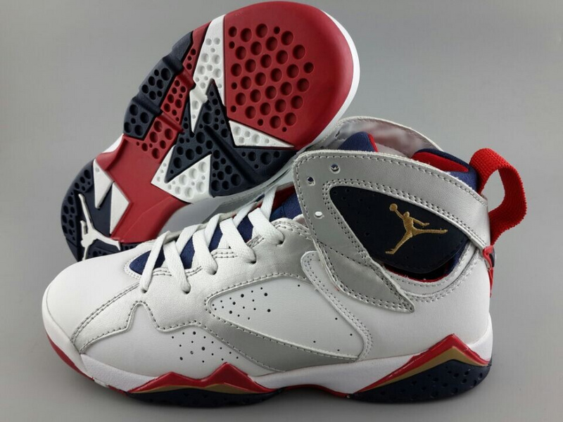 Womens Air Jordan 7 Olympic White Silver Navy Blue Red Shoes - Click Image to Close