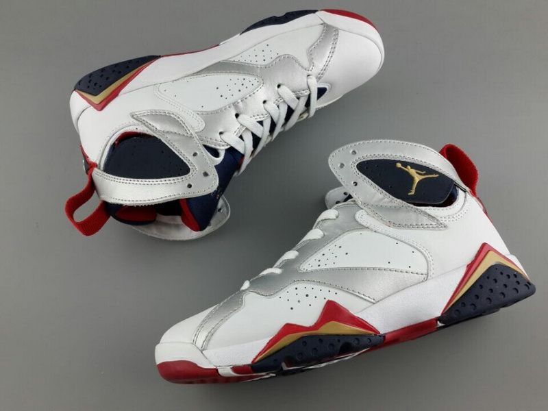 Womens Air Jordan 7 Olympic White Silver Navy Blue Red Shoes