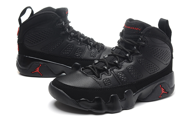 Womens Air Jordan 9 Retro All Black Red Jumpman Shoes - Click Image to Close